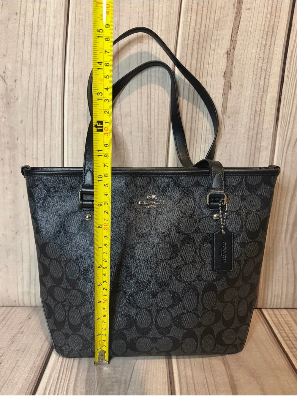 Coach Signature Logo Tote Bag Black Double Handles Silver Hardware